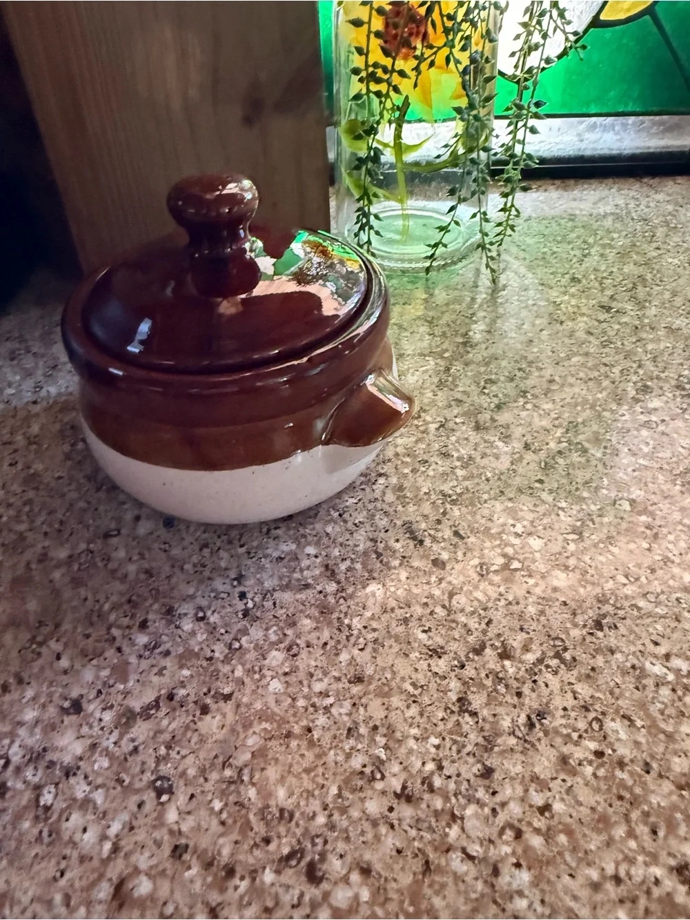 Vintage Brown & Cream Stoneware Lidded Bean Pot Crock